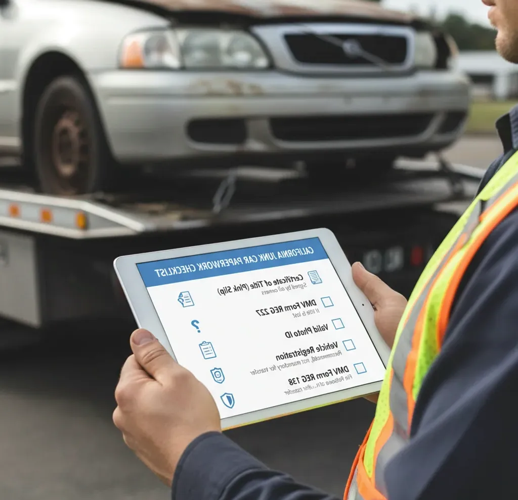 A person holds a tablet with a white checklist in front of a silver car