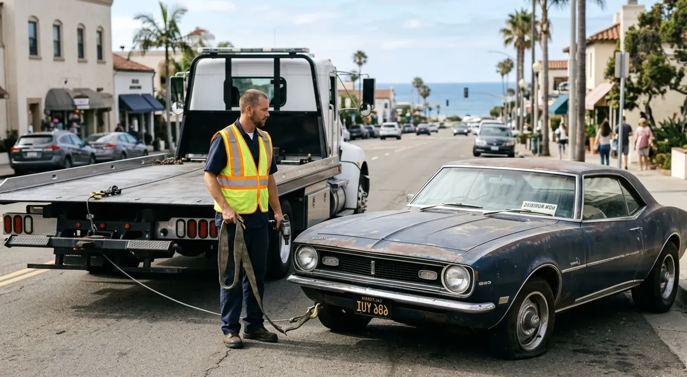 A worker in a yellow vest holds a strap to a rusty blue car on pavement