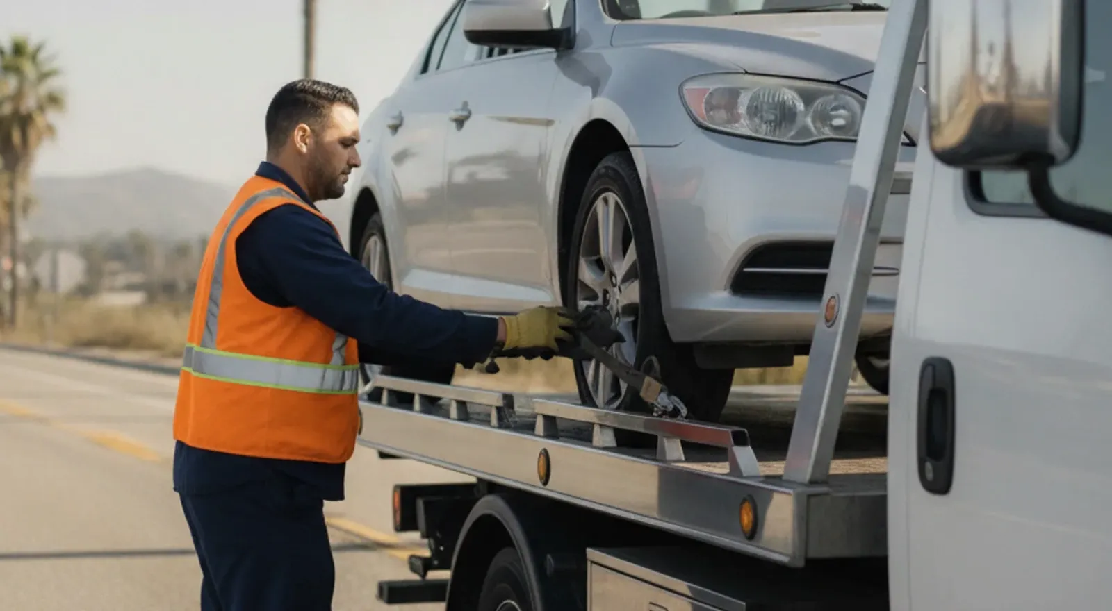 A worker in an orange vest loads a silver sedan onto a tow truck