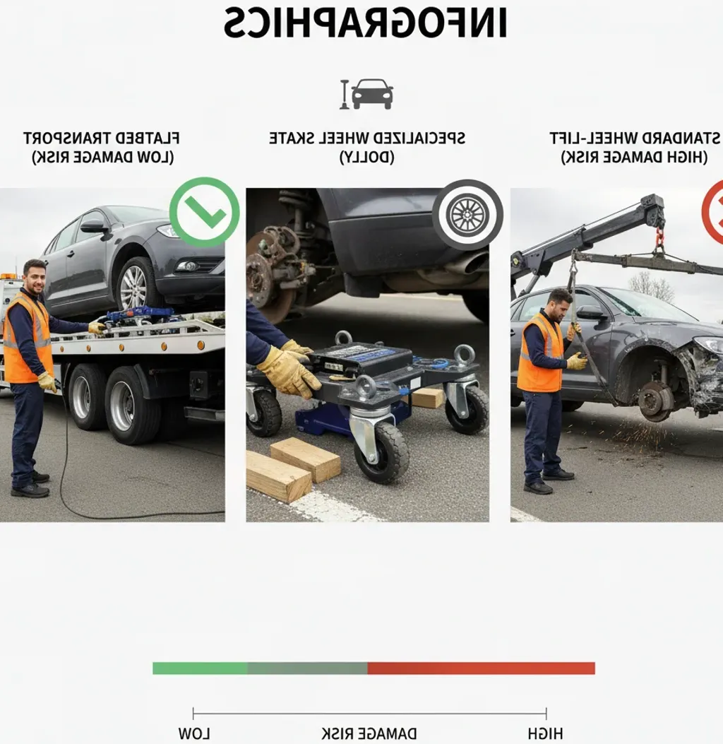 Three panels show a flatbed, a wheel dolly beneath a car and a tow lift
