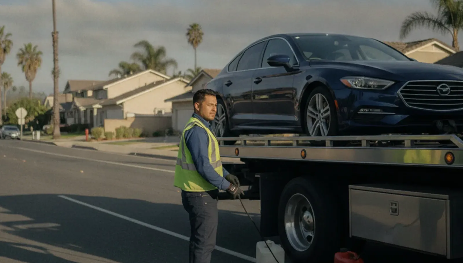 A worker in a yellow-green vest stands beside a dark blue sedan on a flatbed