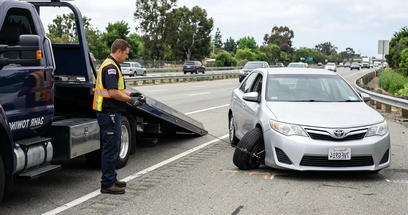 A man in an orange vest stands by a silver sedan on a white tow truck
