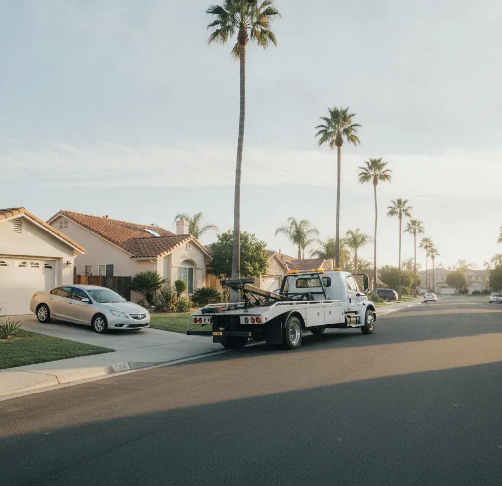 A wheel-lift tow truck parked on a quiet San Diego residential street beside a car in an open driveway at dawn