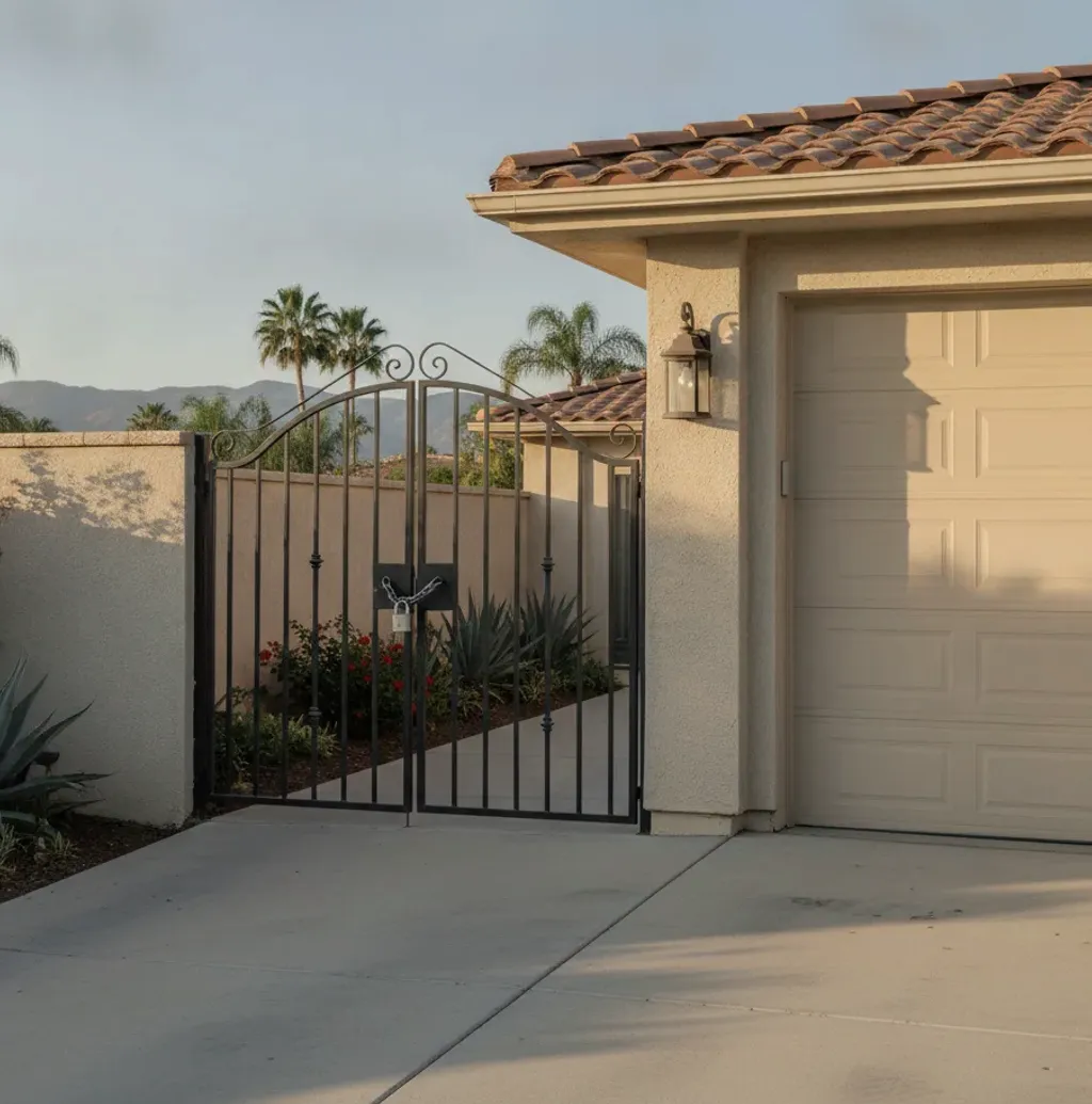 A closed residential garage door beside a locked wrought-iron gate across a driveway in a San Diego suburb