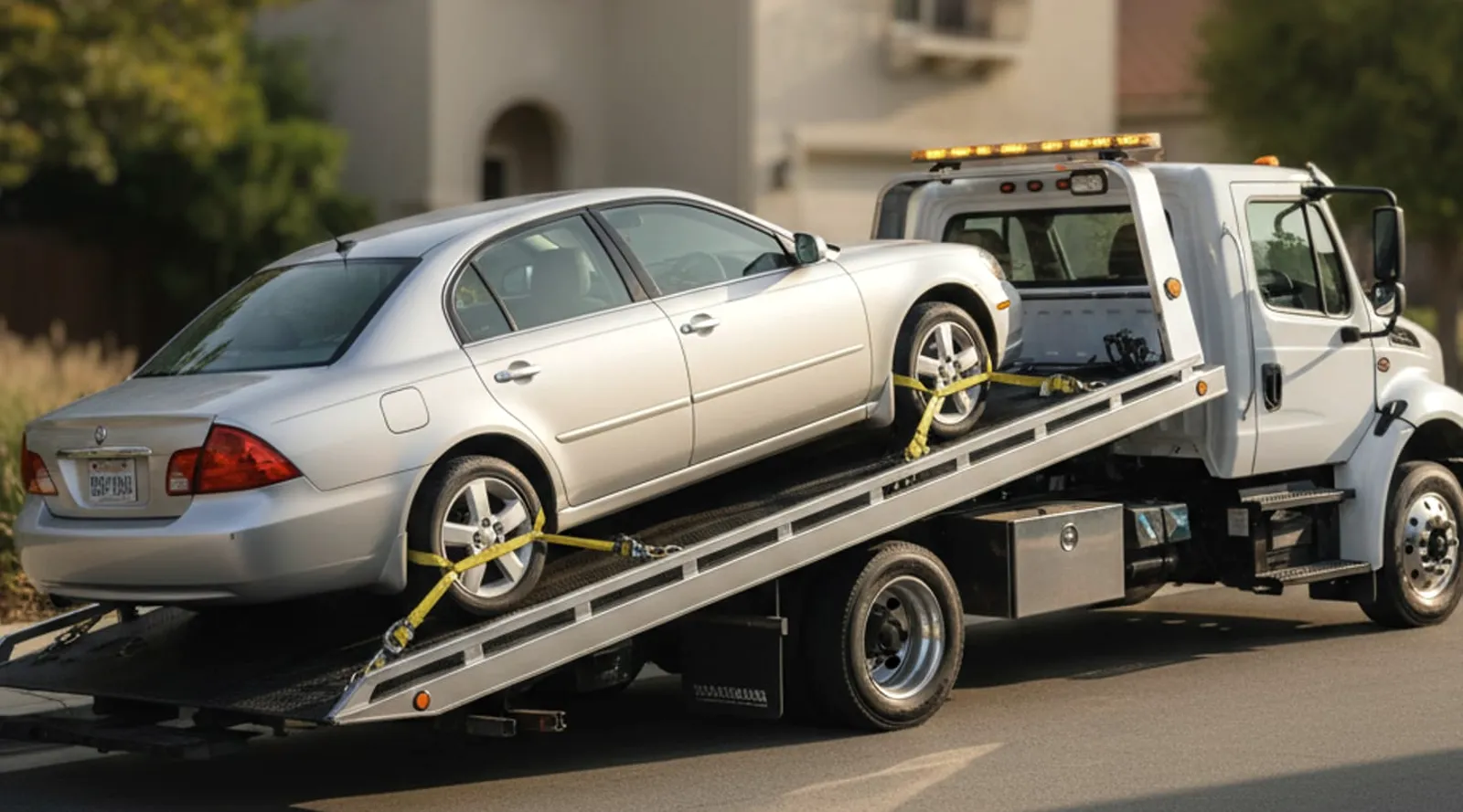 Illustration of a silver sedan riding on a flatbed tow truck