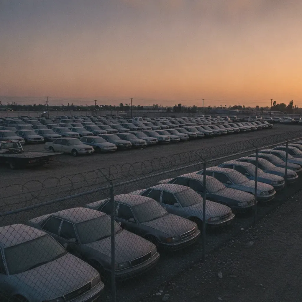 Illustration of cars parked behind a chain-link fence at dusk