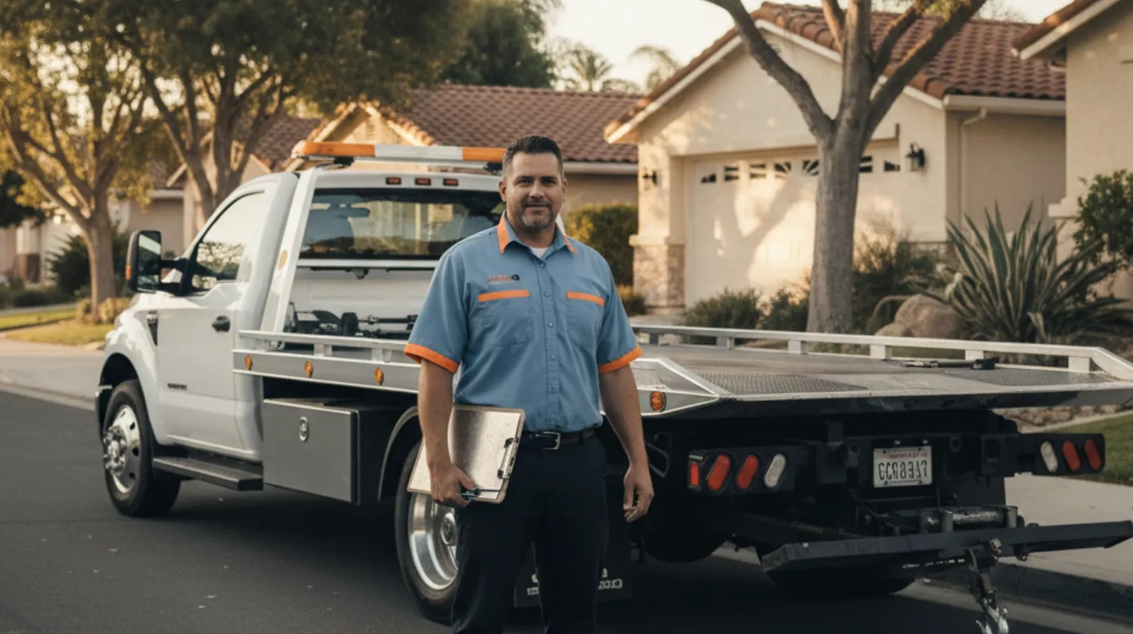 Flatbed tow truck parked in a residential San Diego neighborhood at golden hour