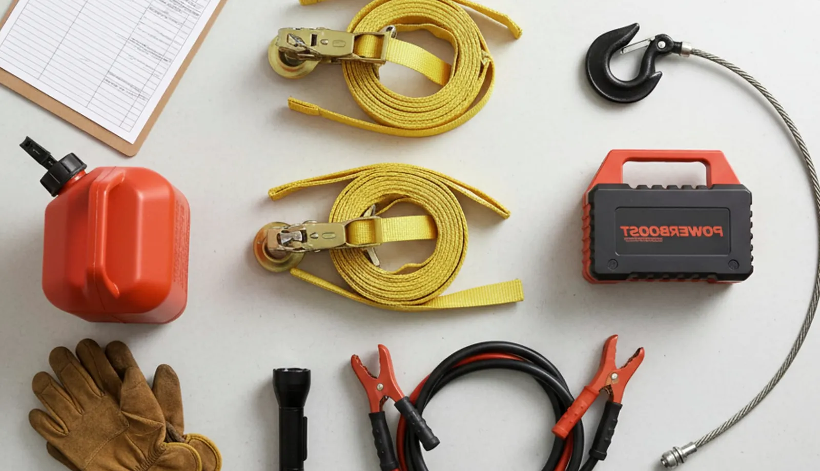 Top-down view of professional tow gear: a clipboard with service forms beside soft-strap wheel nets, a jump pack, a winch hook, and jumper cables