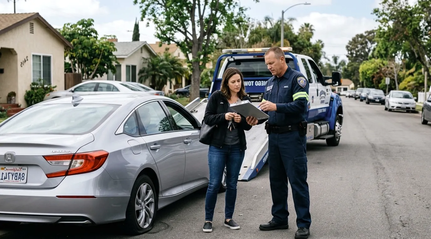 San Diego tow operator talking through service options with a customer on a freeway shoulder