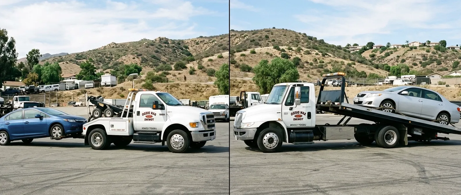 Two tow trucks parked next to each other in a San Diego service yard, one a flatbed and one a wheel-lift, each loading a vehicle