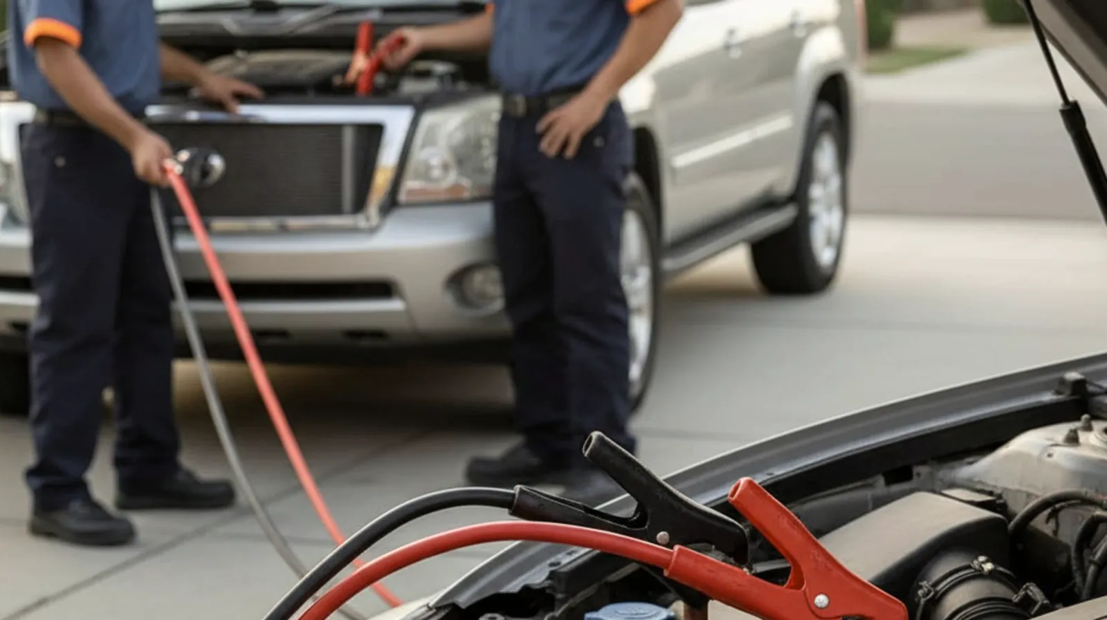 Jumper cables linked between two car batteries in a San Diego driveway, with the donor vehicle running, shown up close