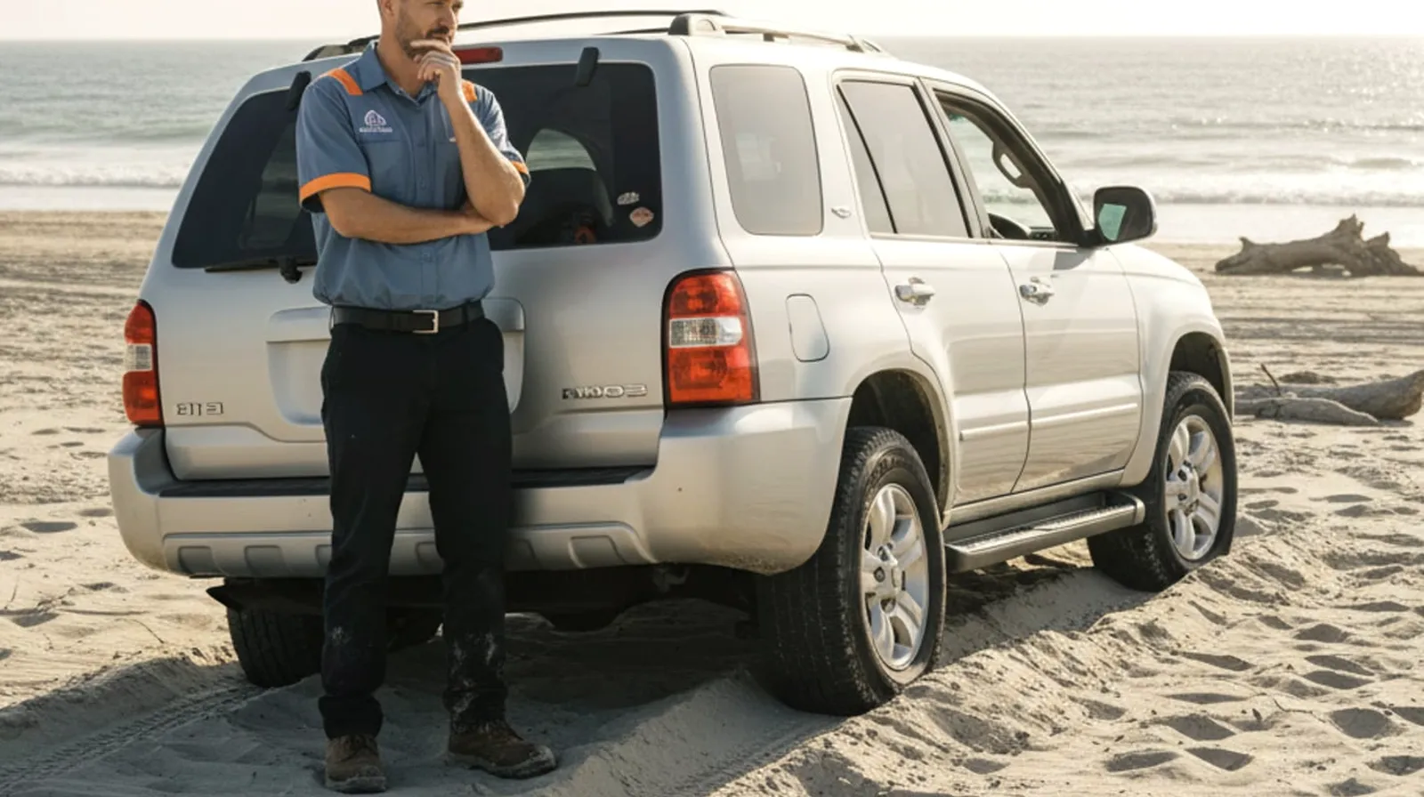 Off-road vehicle bogged down in loose sand, wheel ruts showing, near a San Diego beach access point