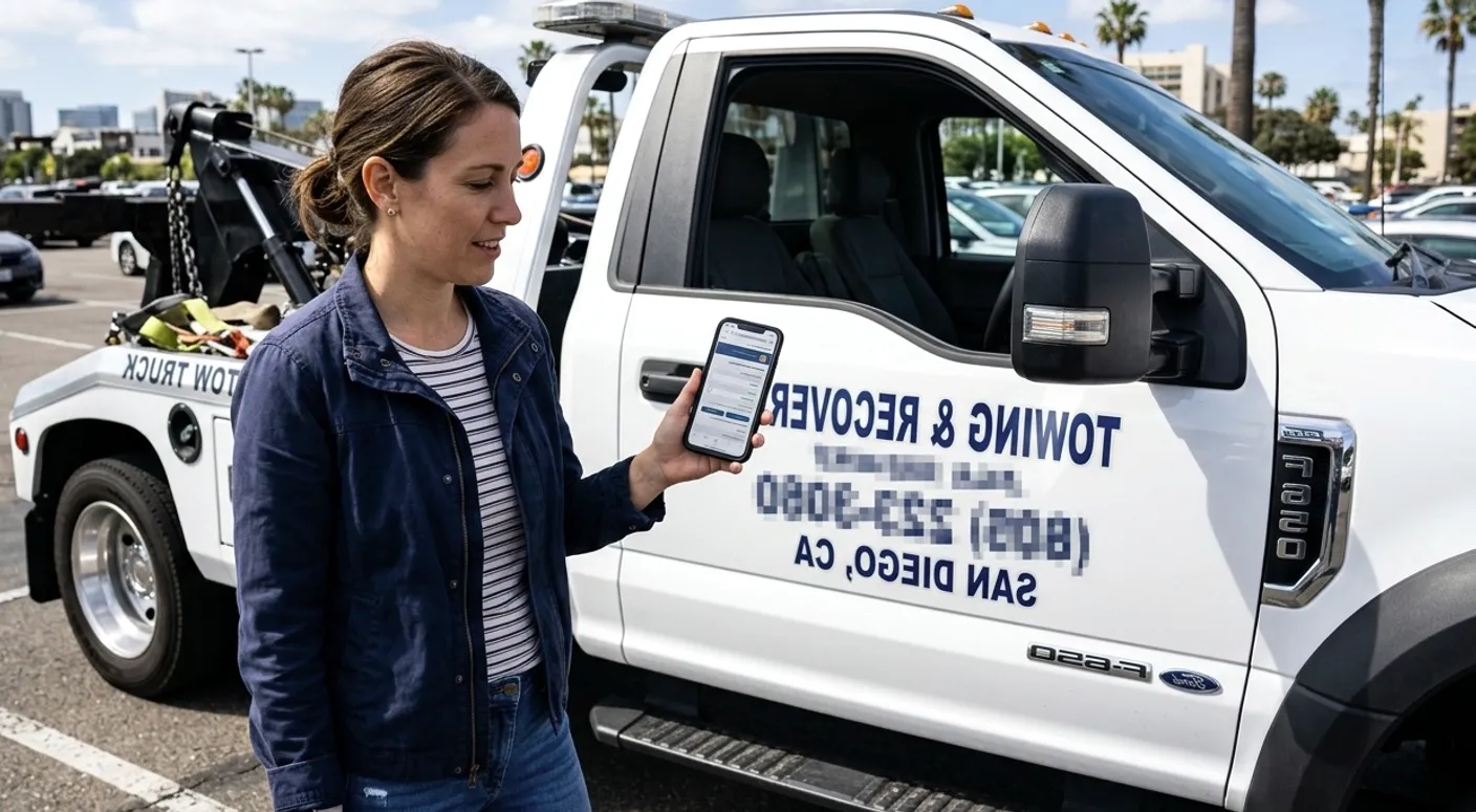 Smartphone in hand, a customer in a San Diego parking lot checks a tow operator’s credentials and CHP MCP number