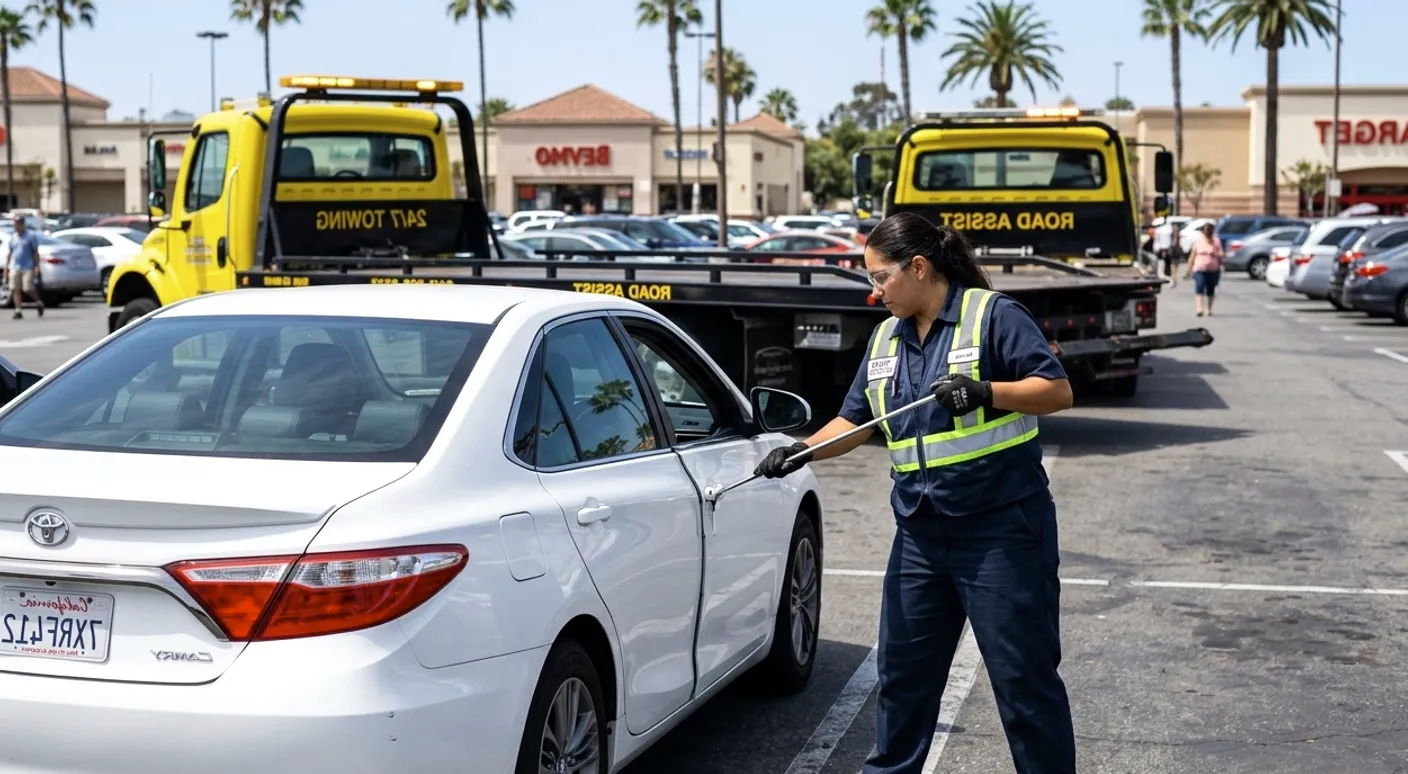 Sedan in a San Diego shopping-center lot, with an independent operator working a lockout tool