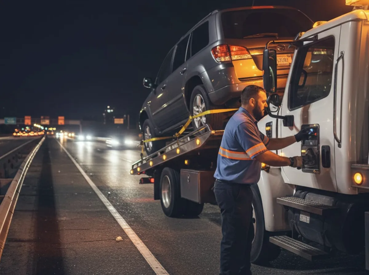 After dark, a broken-down SUV sits on a San Diego freeway shoulder awaiting a tow truck