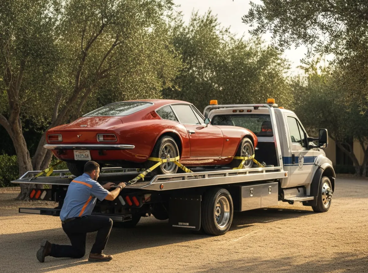 Classic coupe strapped onto a low-clearance flatbed