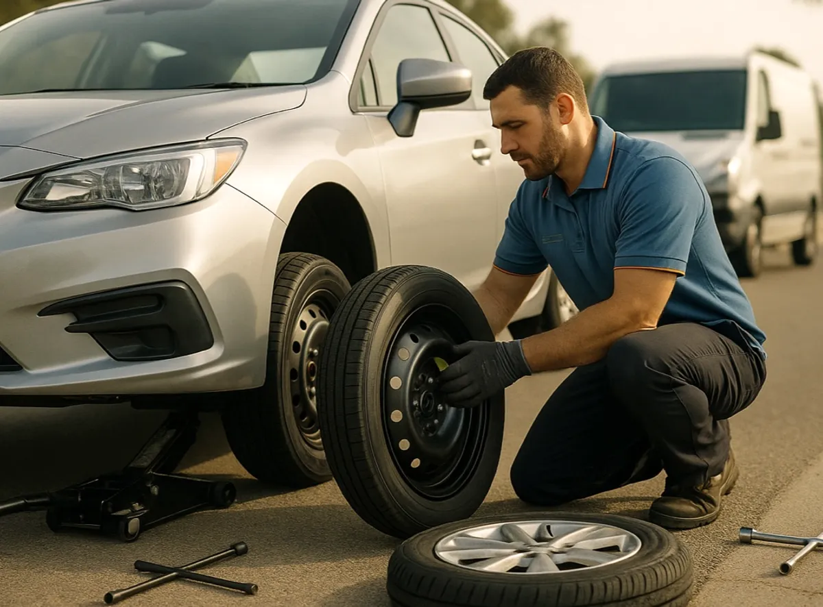 Spare tire going on a sedan on a San Diego shoulder
