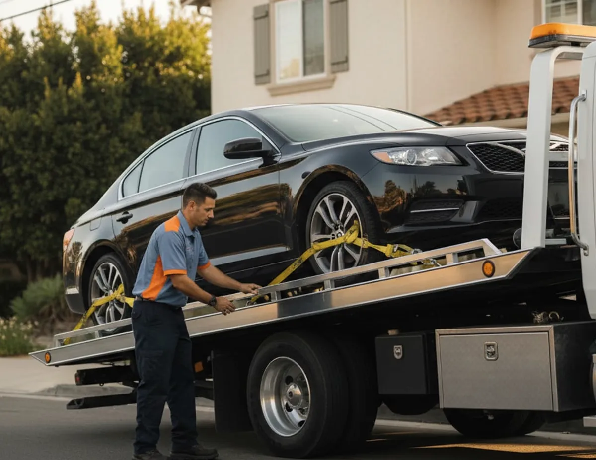 Car on a rollback bed, San Diego residential street
