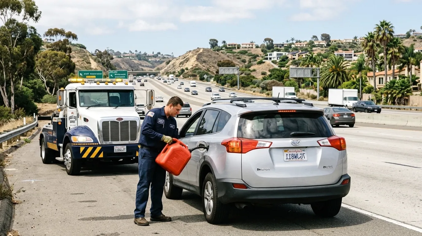 Fuel poured from a can into a car by an independent operator on a San Diego freeway shoulder