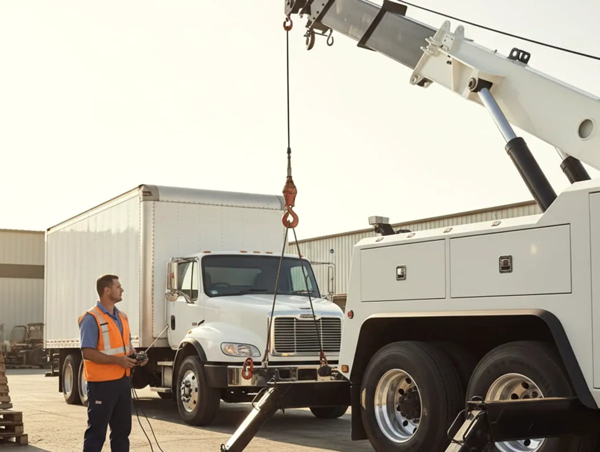 Commercial box truck being hooked by a heavy wrecker on an industrial lot in San Diego