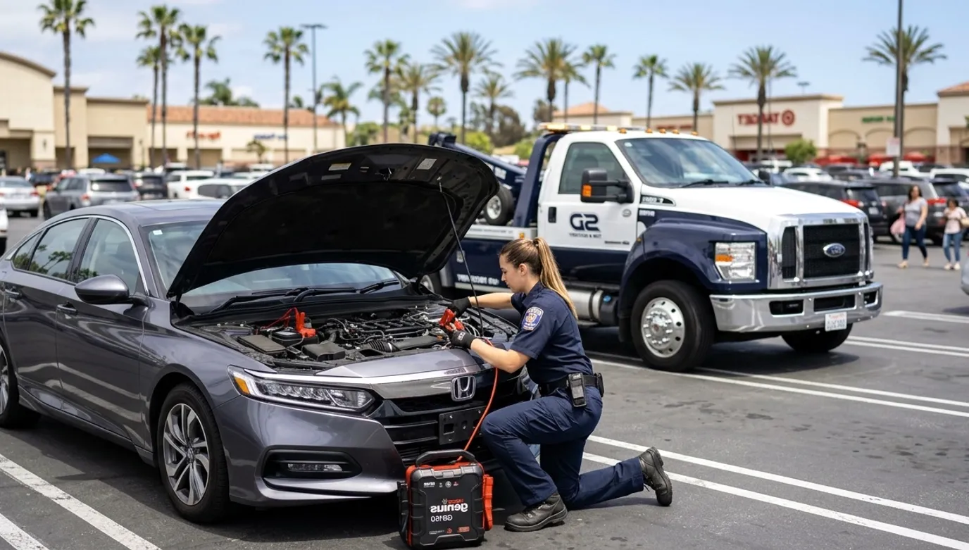 A San Diego parking lot where an independent operator attaches a jump pack to a dead battery
