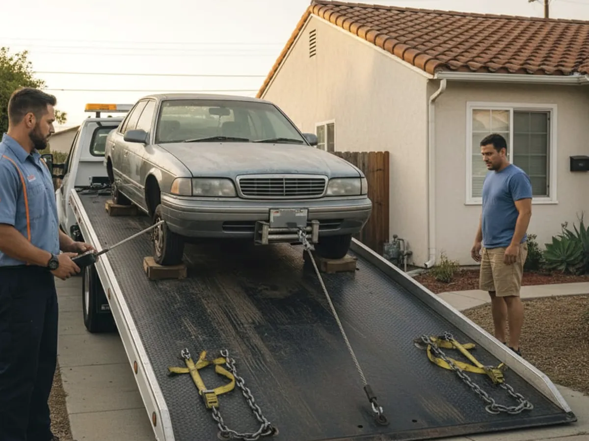 Flatbed taking on a sedan that won’t run, parked in the side yard of a San Diego home