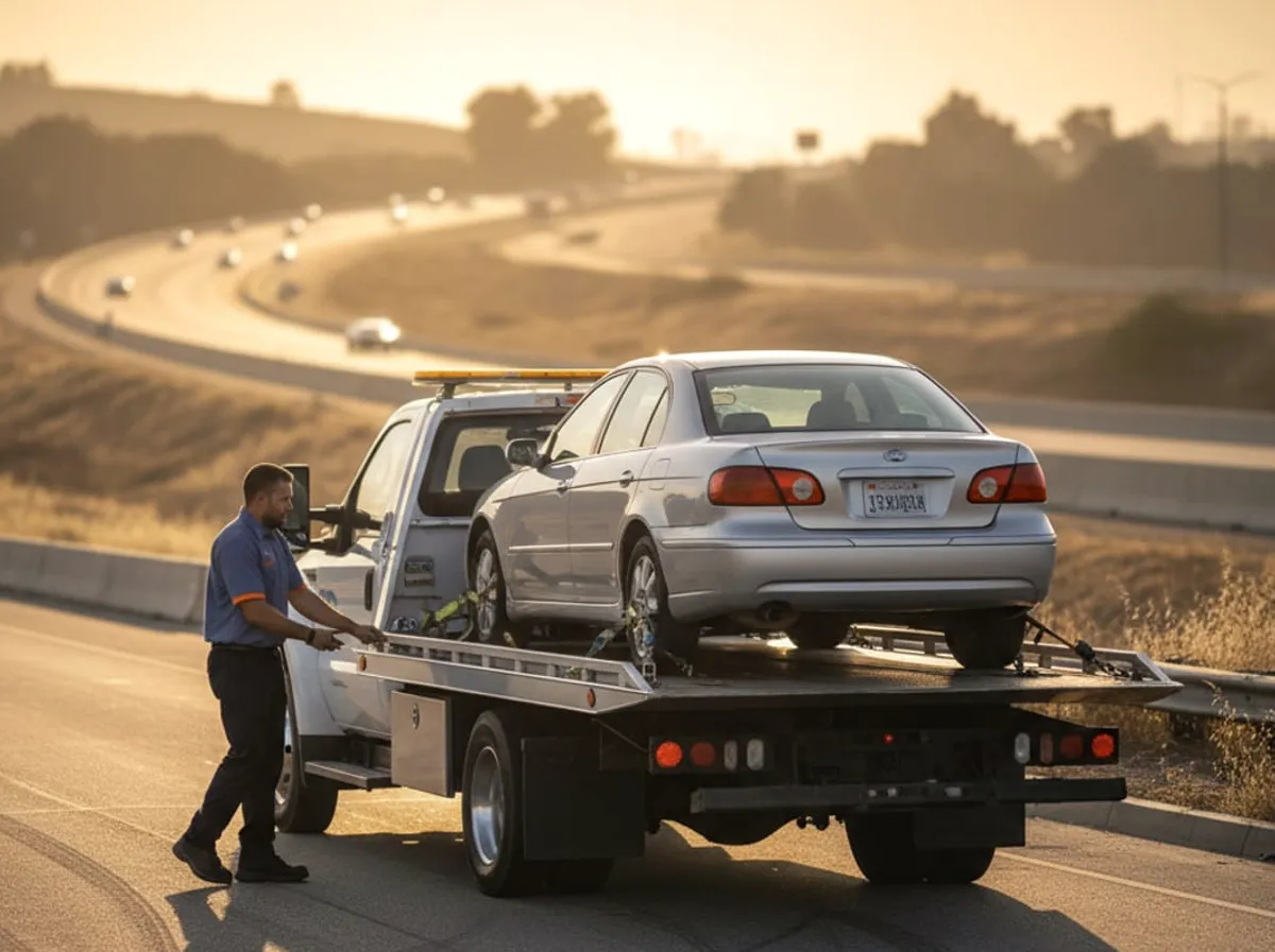 Sunrise flatbed set up to carry a car out of the county