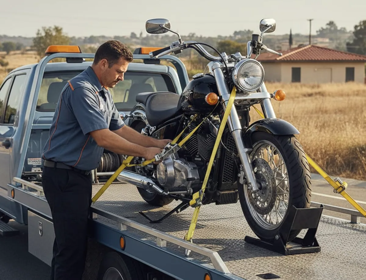 Strapped motorcycle on a low-deck flatbed, San Diego street