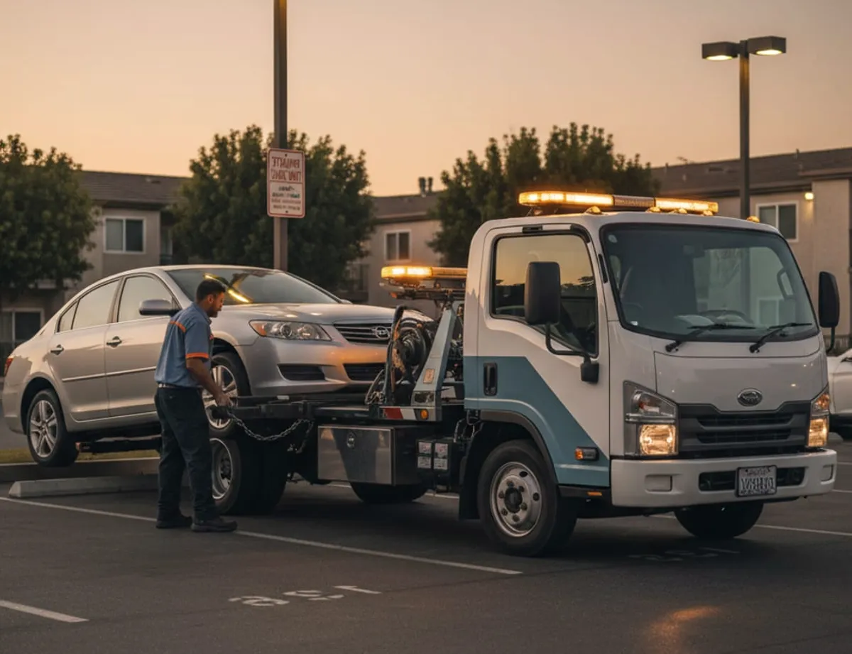 Tow truck at dusk, San Diego permit-parking apartment lot