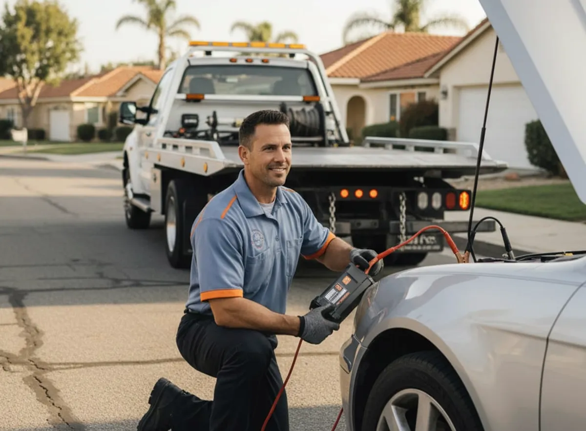 Technician giving a dead car a jump start on a residential street in San Diego