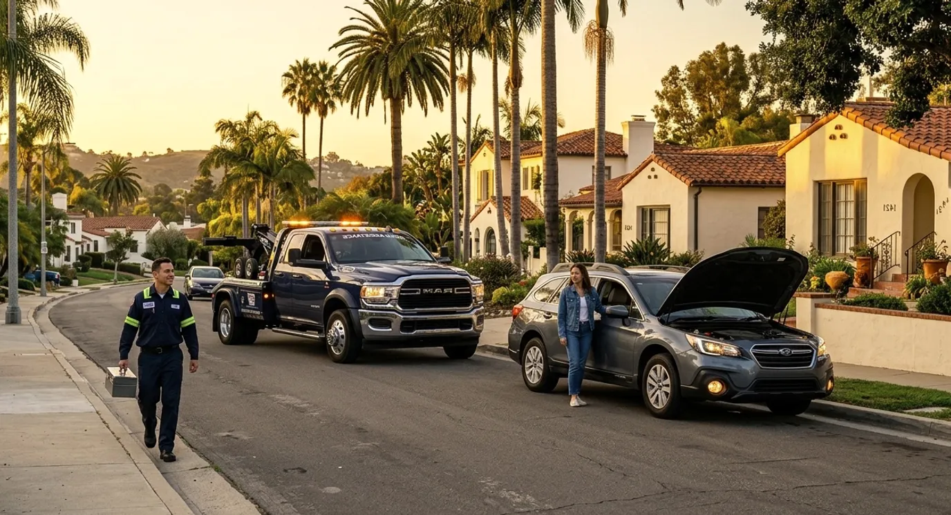 A San Diego parking lot, a stalled car, and an independent operator pulling up to help