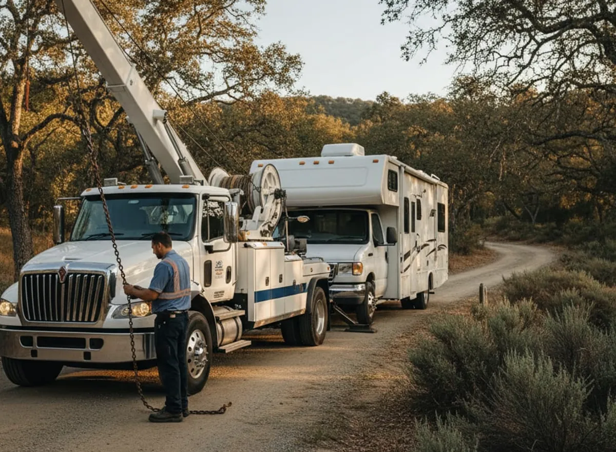 A heavy wrecker hauling a Class C motorhome out of a San Diego County campground