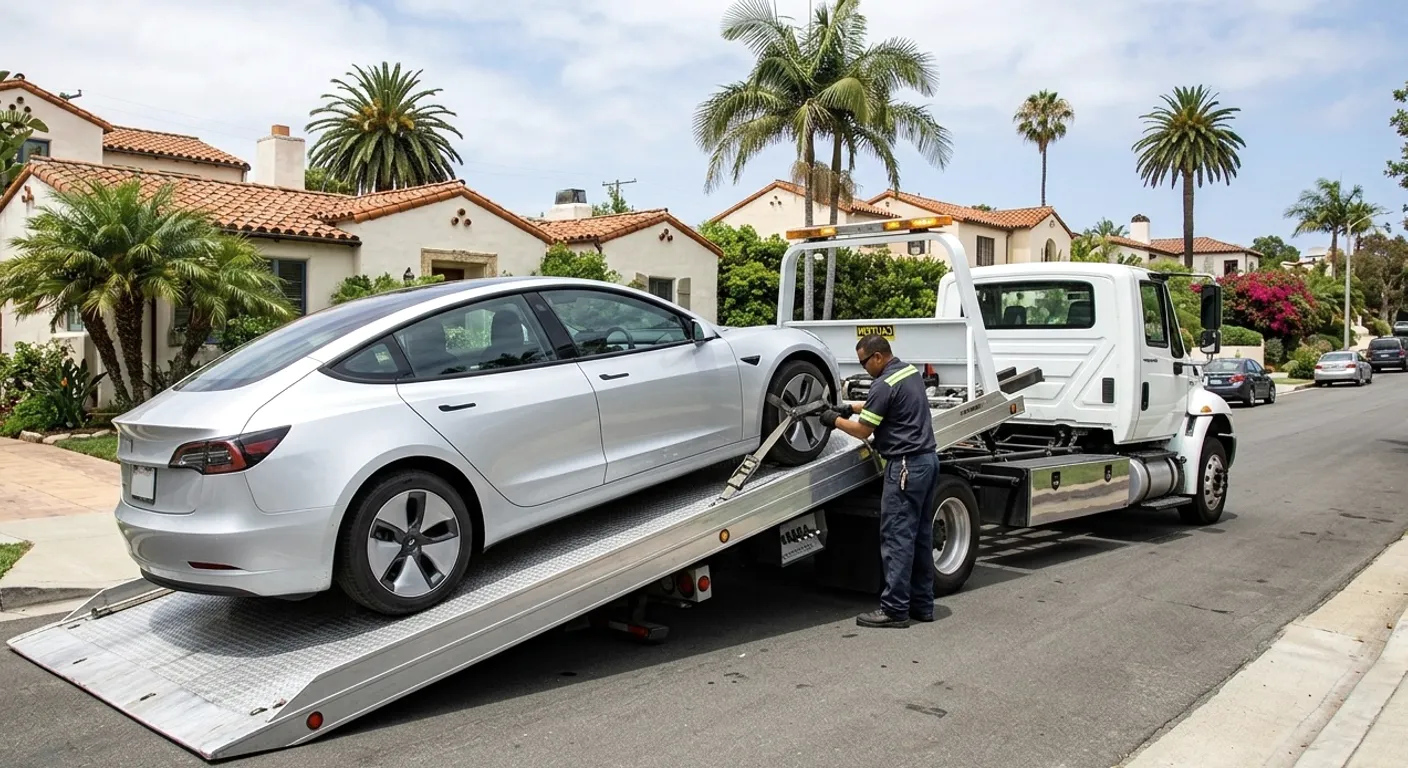 Flatbed getting ready to load a Tesla Model 3 on a residential street in San Diego