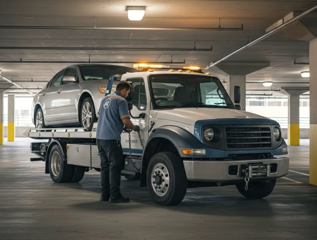 Sedan being readied for a move by a wheel-lift tow truck inside a San Diego parking garage